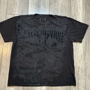 Vintage 90s Y2K Redemption Graphic Black T-Shirt Wings Roses Skull Grunge XL